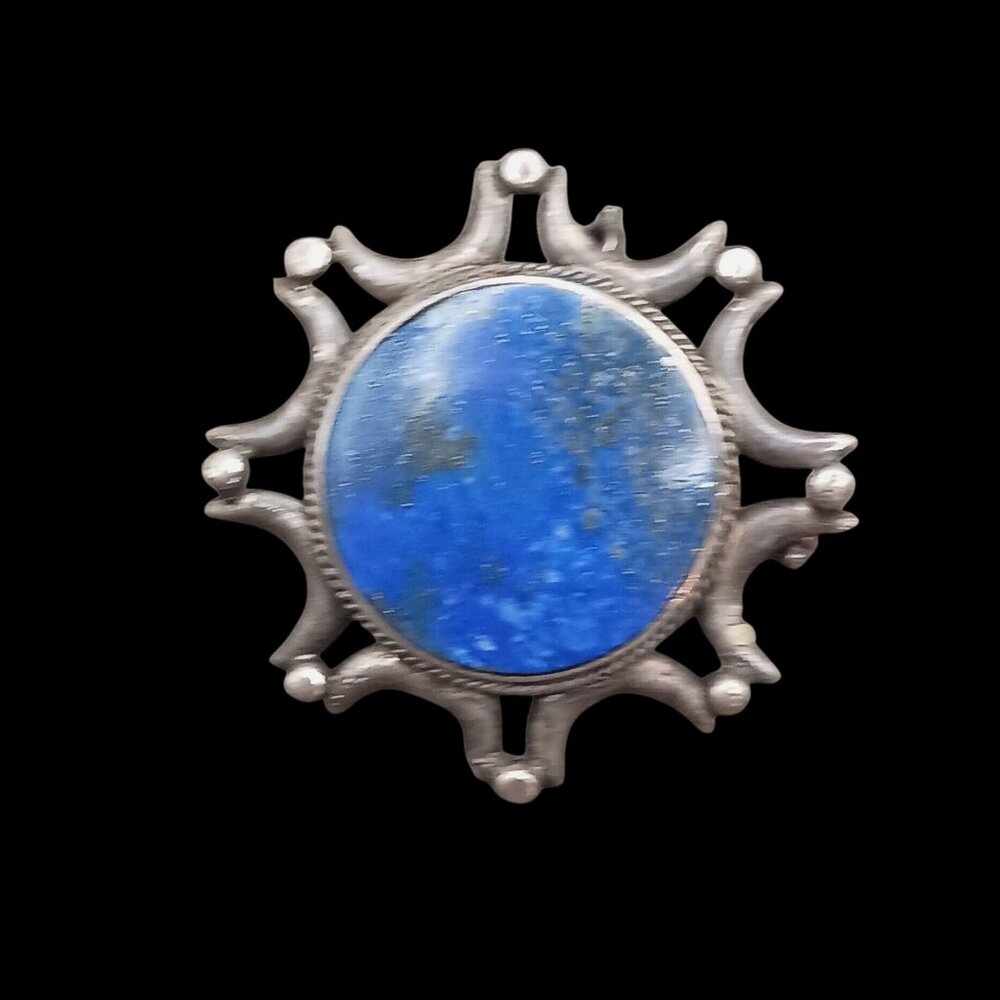 Antique Sterling Silver Lapis Lazuli Brooch Pendant Trombone Clasp